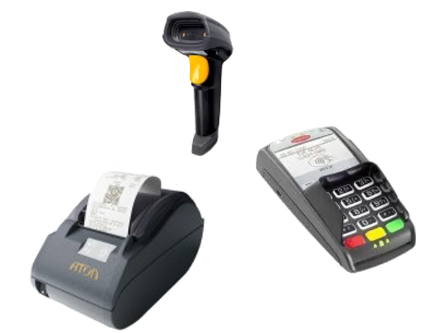 Совместимое с кассовой программой GBS.Market POS-оборудование: онлайн-касса, банковский терминал, сканер штрихкода